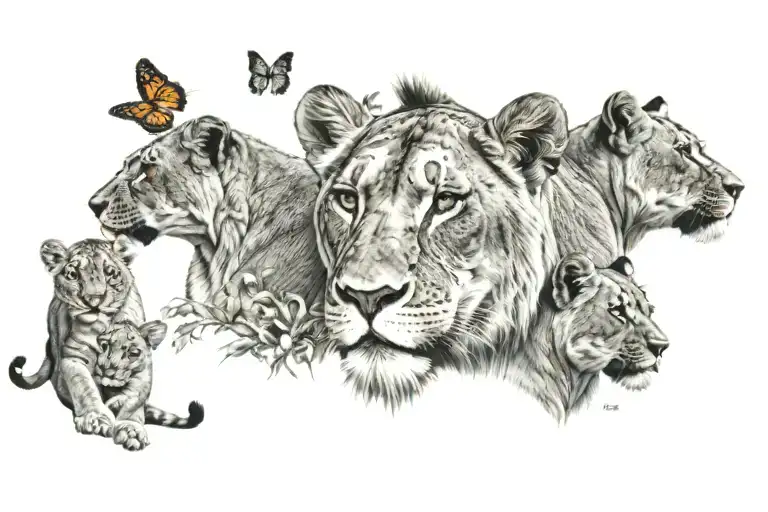 lioness and 5 cubs with crown and butterflys flying tattoo design idea