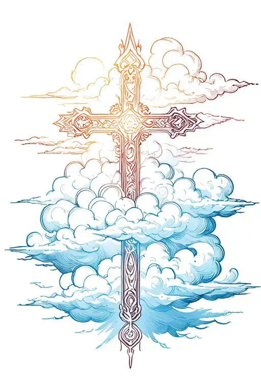 faded clouds with cross tattoo design idea