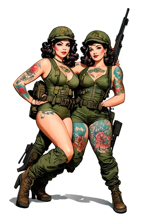 Pin up Air force woman and infantry woman posing tattoo design idea