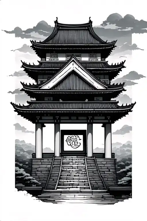 Japanese Castle with tori gate tattoo design idea