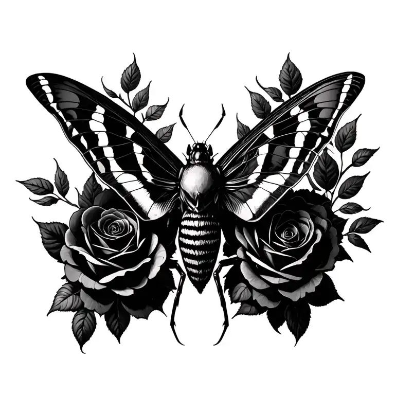 death's-head hawkmoth with black roses with spider webs intertwined and an orbweaver spider tattoo design idea