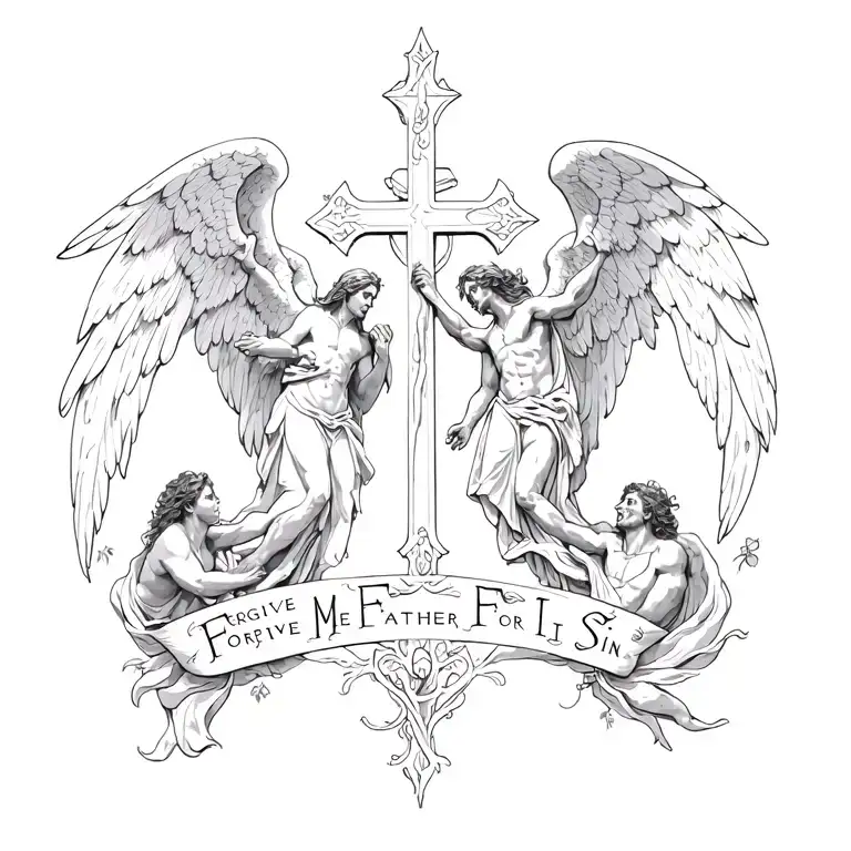 A cross in the middle with angels on one side and demons on the other with the phrase "Forgive Me Father For I Sin"  tattoo design idea