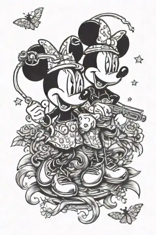 Minnie and Mickey mouse money bags n guns tattoo design idea