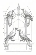 simple line drawing of three ravens sitting on a doorstep in front of a Gothic door with a lantern porch light tattoo design idea