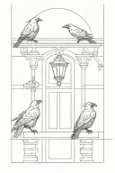simple line drawing of three ravens sitting on a doorstep in front of a Gothic door with a lantern porch light tattoo design idea