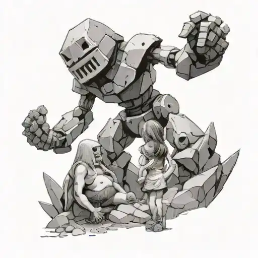 giant iron or stone golem with little girl tattoo design idea