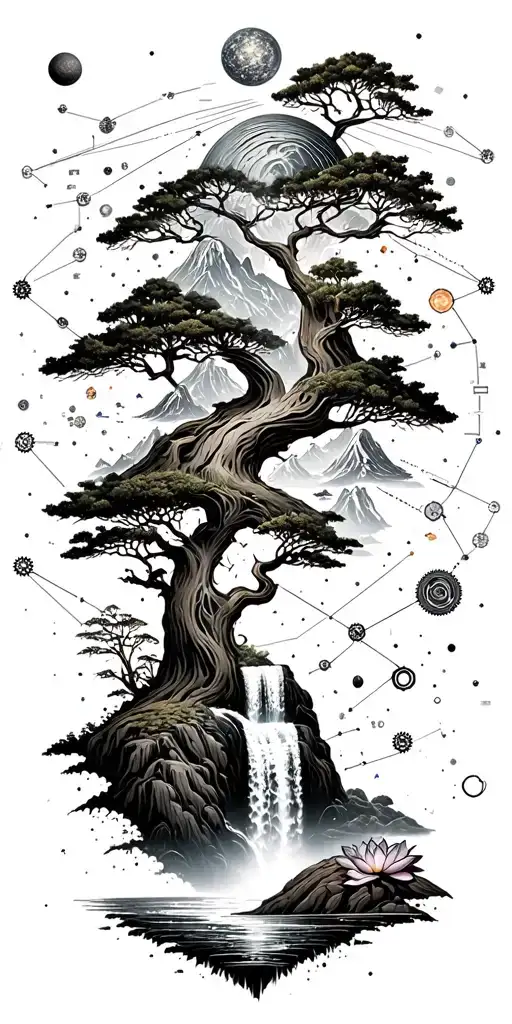 collage of space constellation, Buddhist mountain, trees, waterfall, lotus, wood mechanical gears tattoo design idea