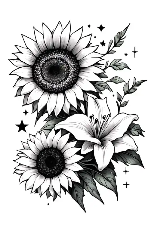 taurus horoscope sign, cancer horoscope sign, Sagittarius horoscope sign, stars, lines, sunflowers, Lilly's, tattoo design idea