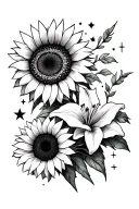 taurus horoscope sign, cancer horoscope sign, Sagittarius horoscope sign, stars, lines, sunflowers, Lilly's, tattoo design idea