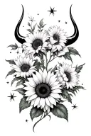 taurus horoscope sign, cancer horoscope sign, Sagittarius horoscope sign, stars, lines, sunflowers, Lilly's, tattoo design idea