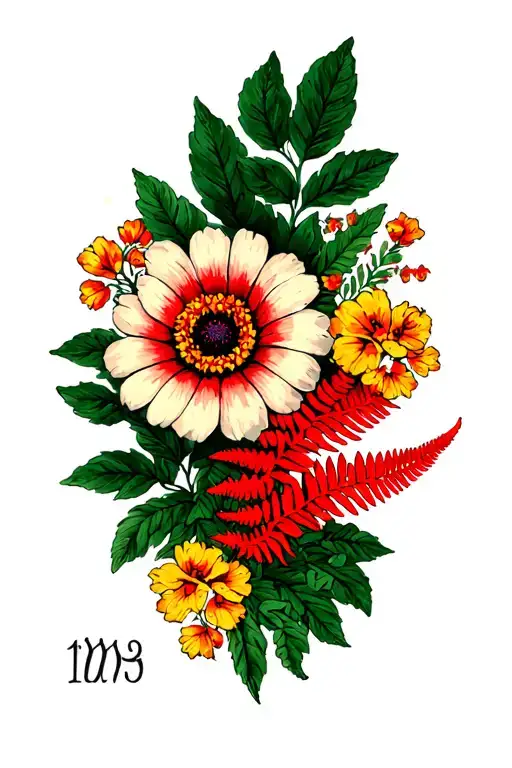 flowers with birthmonth of March, June and December and a red fern tattoo design idea