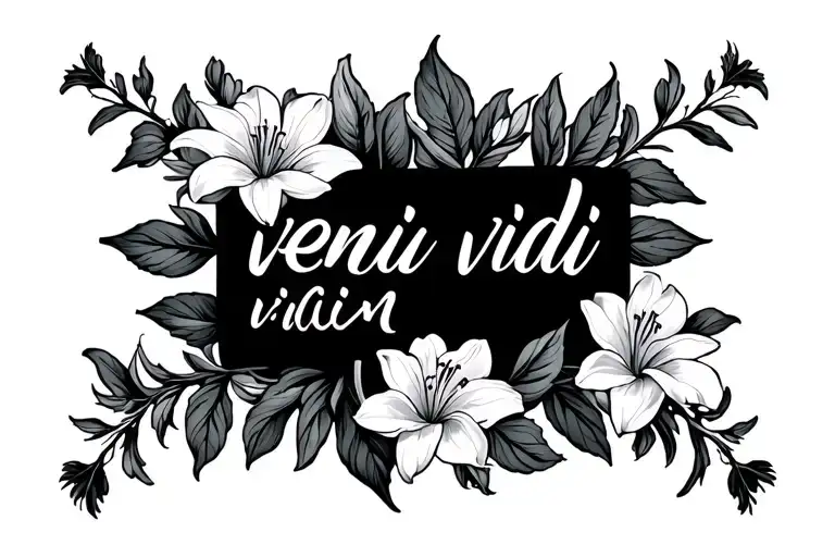 lilly flowers surrounding words saying "veni vidi vici " in cursive tattoo design idea