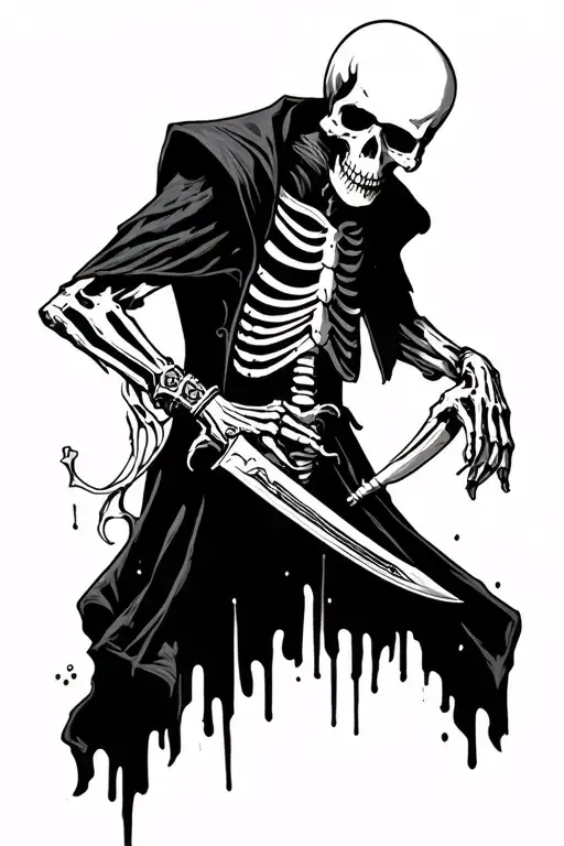 skeleton that keep his guard up with knife in right hand tattoo design idea