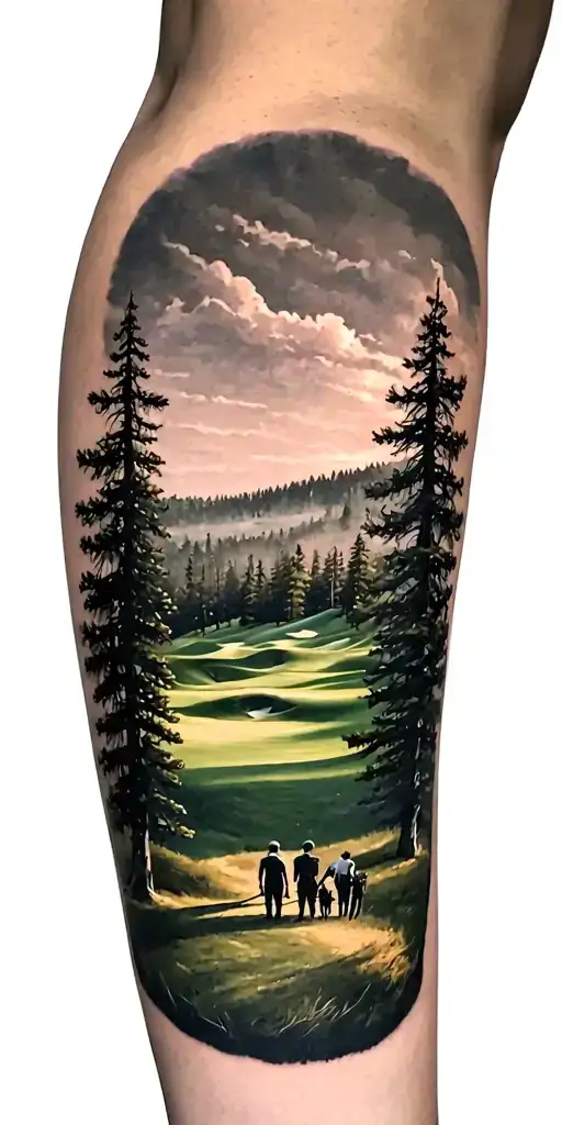 pine forest and family on golf course and ansel adams and time runs on tattoo design idea
