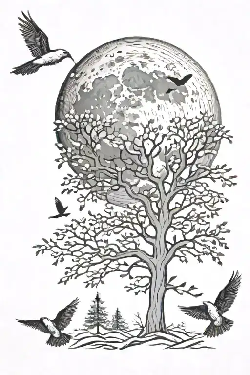 moon behind forest and birds flying tattoo design idea