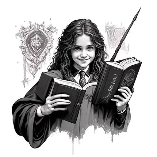 Hermione from the chamber of secrets holding books and a wand and smiling tattoo design idea