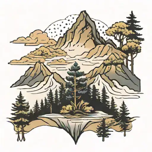 Mountain range, Pine trees, mist tattoo design idea