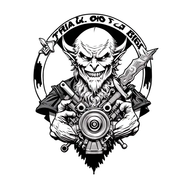evil merlin holding a v8 engine with tools tattoo design idea