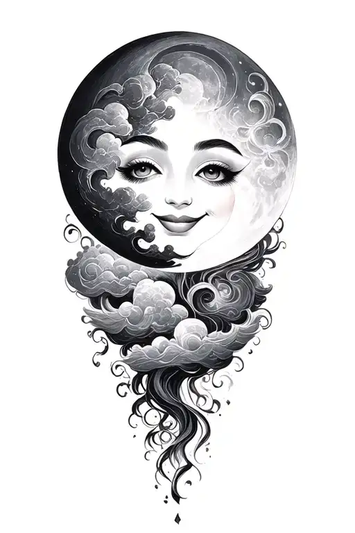 psychadelic clouds fantasy smiling moon tattoo design idea