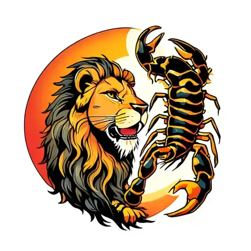 Make me a whole lion and a scorpion that are friends in a traditional neo style, lion linked to the sun and scorpion to the moon tattoo design idea