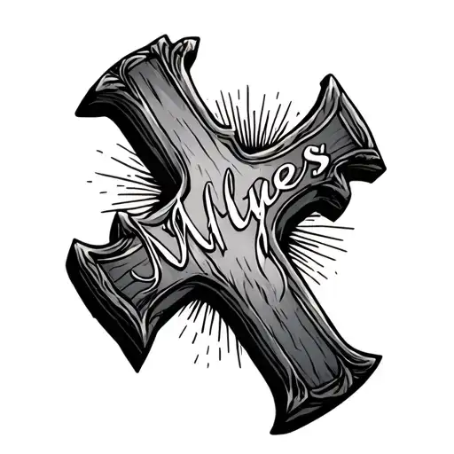 cross with tombstone with the name Myles on it with a sunset tattoo design idea