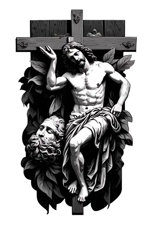 jesus christ crucified and heads tattoo design idea