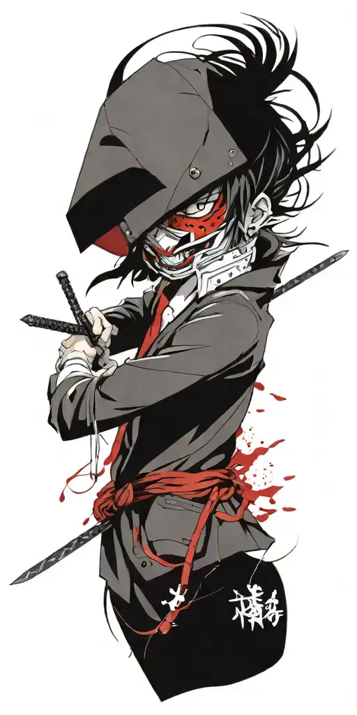 male anime character wearing oni mask fighting off inner demons with a sword tattoo design idea