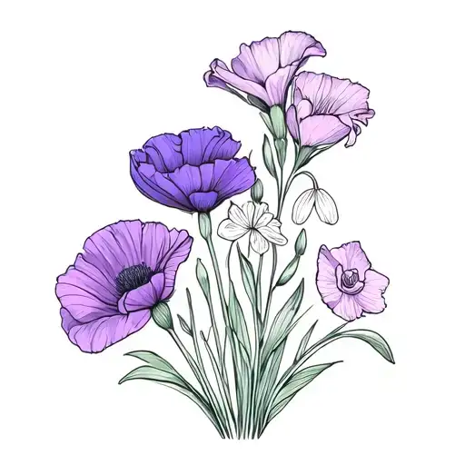 Gladiolus, poppy, violet, primrose, carnation, and snowdrop bouquet tattoo design idea