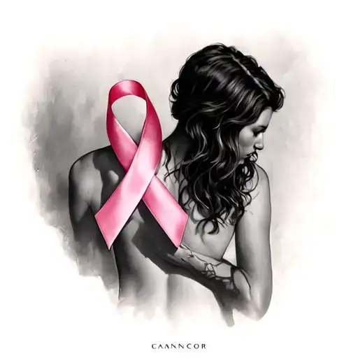 Naked woman with fabric in symbol of Ribbon cancer tattoo design idea