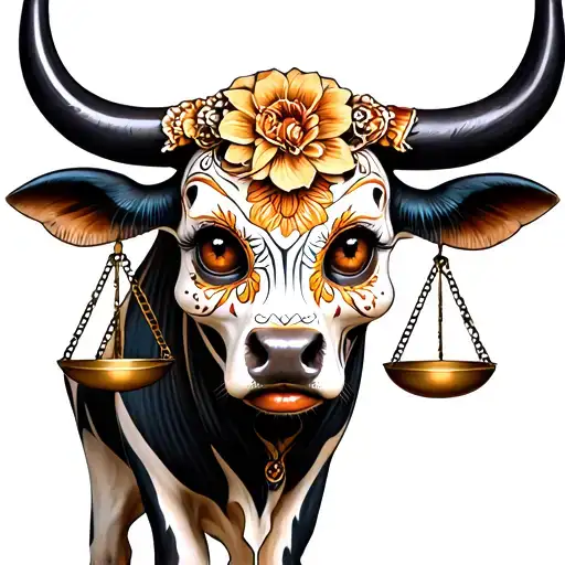 feminine bull with sugar skull markings, brown eyes and two Libra scales and dark background tattoo design idea