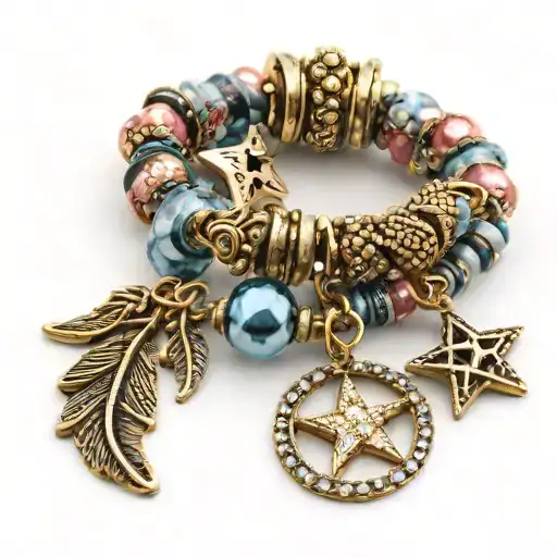elegant charm bracelet  -3 layers   - diamonds and beads- bangles: heart, R, star, rose, 1 feather tattoo design idea