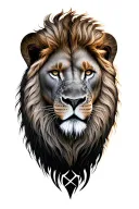lion head tattoo, right arm, grey, Half sleeve, majestic on African savanna, sunset background, 3 subtle cross bottom  tattoo design idea
