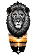 lion head tattoo, right arm, grey, Half sleeve, majestic on African savanna, sunset background, 3 subtle cross bottom  tattoo design idea