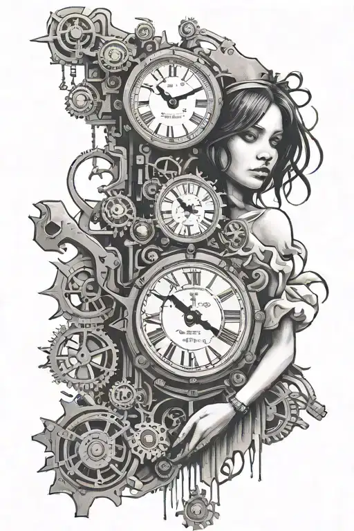 Banksy girl and melting clock gears tattoo design idea