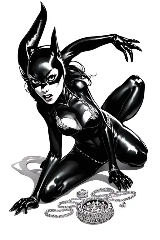 catwoman crawling down and stealing jewlery tattoo design idea
