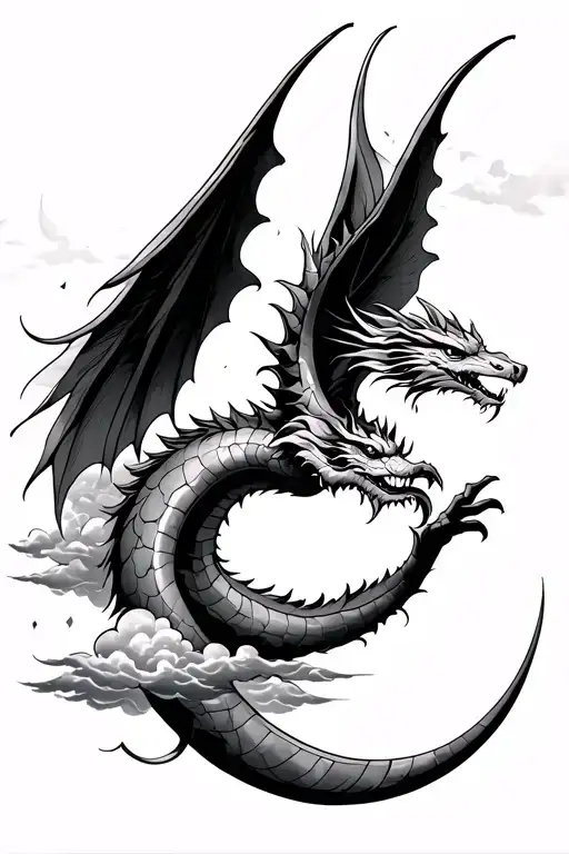 Western dragon with big wings touching a crescent moon in the clouds on the forearm tattoo design idea