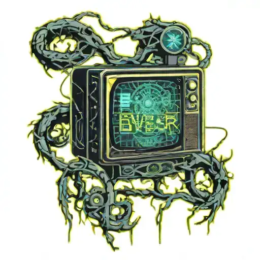 An old TV with a few flickering "game over" signs, thorny branches of memories extending from the TV tattoo design idea