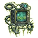 An old TV with a few flickering "game over" signs, thorny branches of memories extending from the TV tattoo design idea