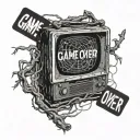 An old TV with a few flickering "game over" signs, thorny branches of memories extending from the TV tattoo design idea