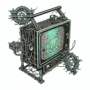An old TV with a few flickering "game over" signs, thorny branches of memories extending from the TV tattoo design idea
