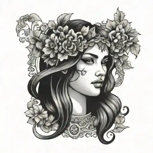 plus size Persephone  and Kore, in the style of a face card  tattoo design idea