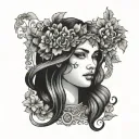 plus size Persephone  and Kore, in the style of a face card  tattoo design idea