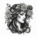 plus size Persephone  and Kore, in the style of a face card  tattoo design idea