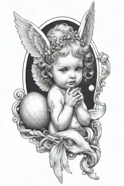 A baby angel with two horns above her head ,holding a diamond a shell which has a pearl in it  tattoo design idea