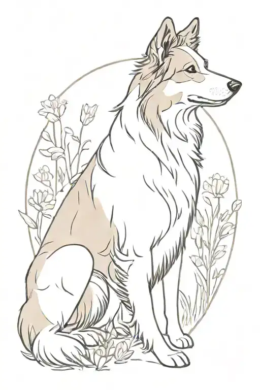 sable colored floppy eared old time scotch collie dog in a field full of wildflowers tattoo design idea