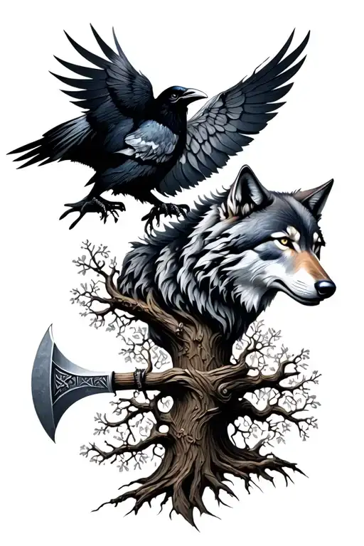 optical illusion intertwining vigvesir a wolf Odin a tree of life a crow and the viking axe tattoo design idea