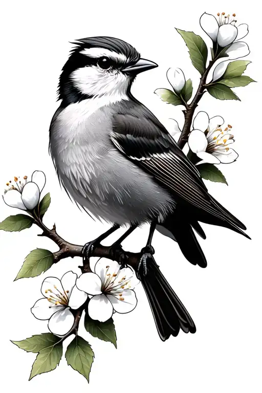 shrike bird on a hawthorn tree branch with white flowers tattoo design idea