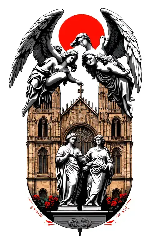 angels from above and statues below with cathedral in background. black and grey tattoo design idea
