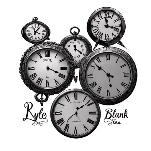 four clocks with name Rylee, Leo, Siska and Blank for arm sleeve. no faces, just name tags and  tattoo design idea