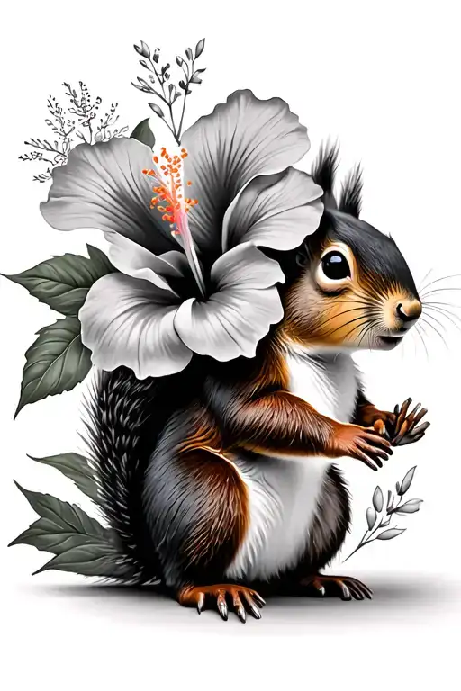 squirrel and hibiscus flowers tattoo design idea